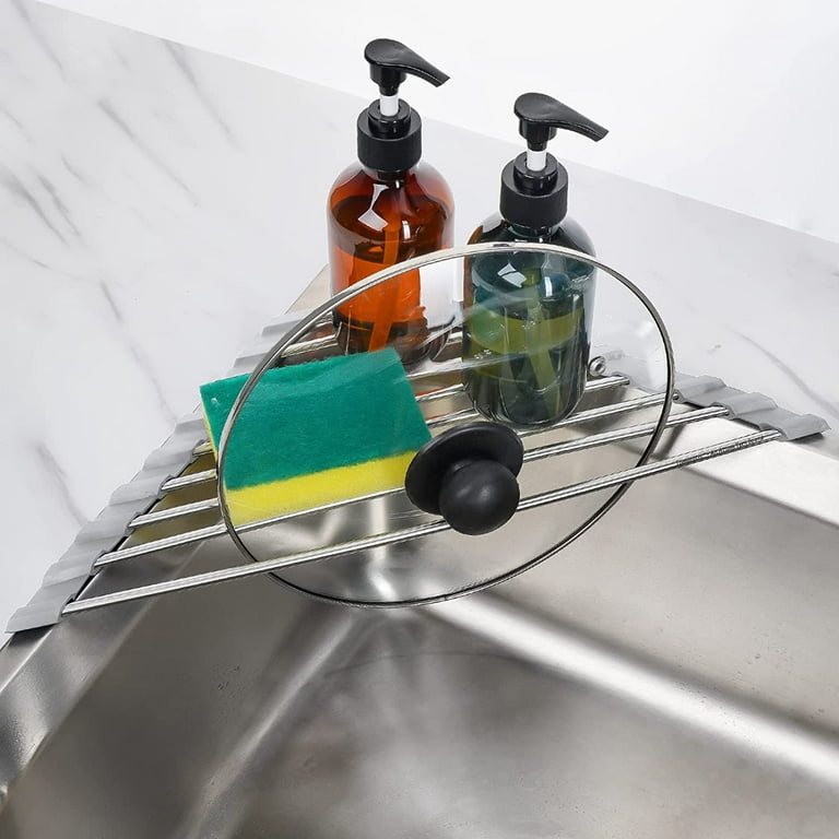 Triangle Dish Drying Rack Kitchen Sink Corner Shelf Roll Up Sponge Holder  Foldable Metal Drainer Kitchen Organizer Accessories - AliExpress