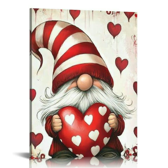 Fenyluxe Valentine's Day Canvas Wall Art - Romantic Gnome Red Love Heart Kiss Wall Decor Stretched & Framed Artwork Paintings Ready to Hang for Living Room Bedroom Kitchen 12x16 in