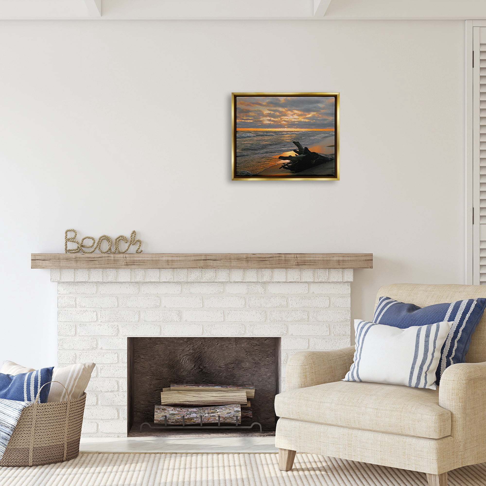 Stupell Industries Driftwood at Sunset Landscape Photography Gold Floater Framed Canvas Art Print Wall Art, 21 x 17