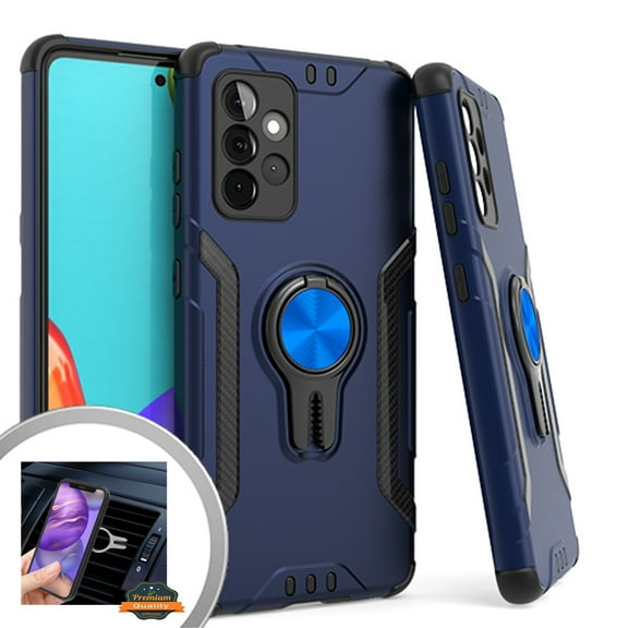 Xpression Case for Samsung Galaxy A52 5G Shockproof Adsorption Hard Rugged Armor Ring Holder & Air Vent Car Mount Clip with Kickstand Phone Cover [Blue]