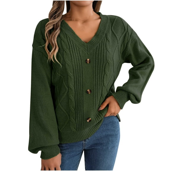 Oksale Womens V Neck Peplum Sweaters Trendy Ruffle Hem Waist Sweater Loose Long Sleeve Knit Jumpers Fall Winter Pullover Elegant Soft Bussiness Tops Army Green L