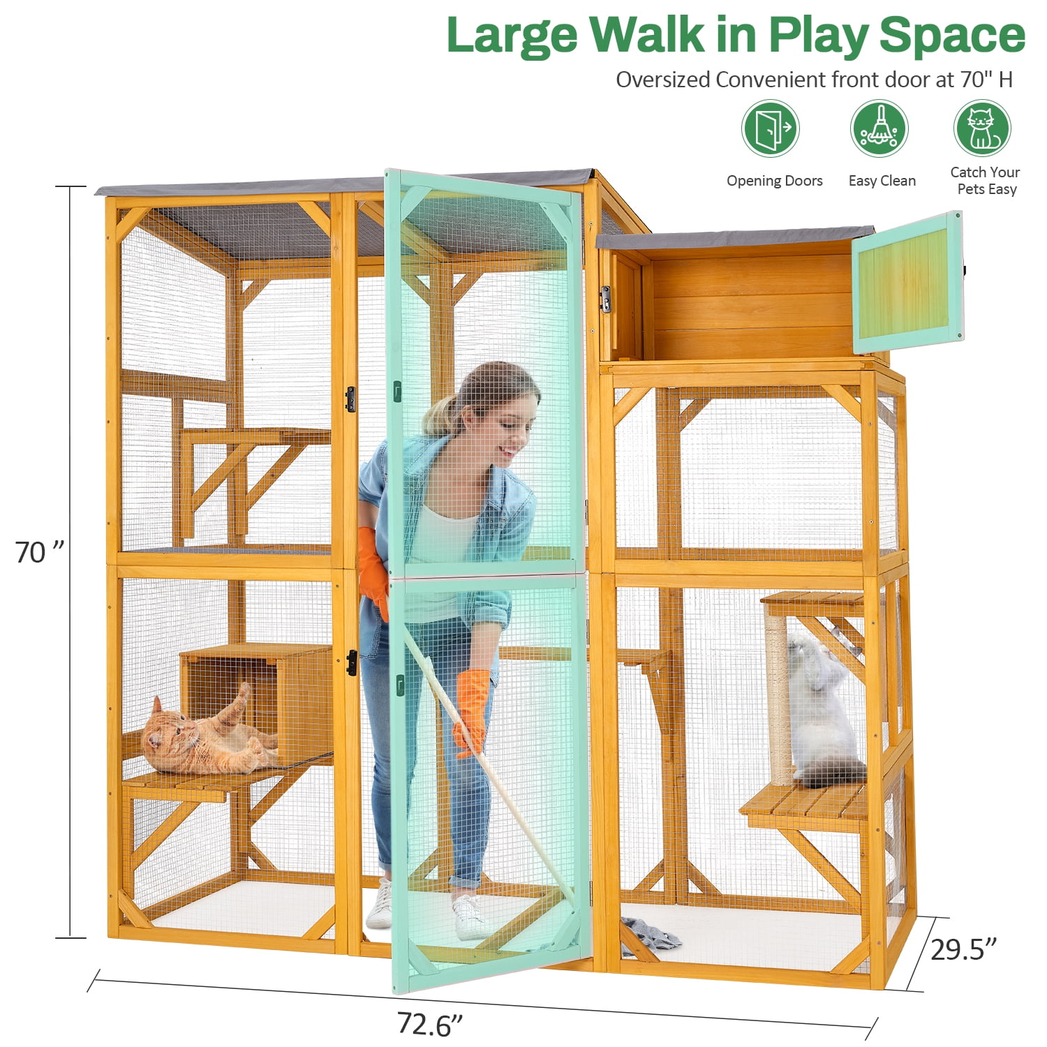 Wooden Outdoor Catio Enclosure for Pets with Scratching Post, Multi-Level Perches & Hideaways, Weatherproof Indoor/Outdoor Cat House with Roof, 5 Platforms & Resting Den, UV-Resistant