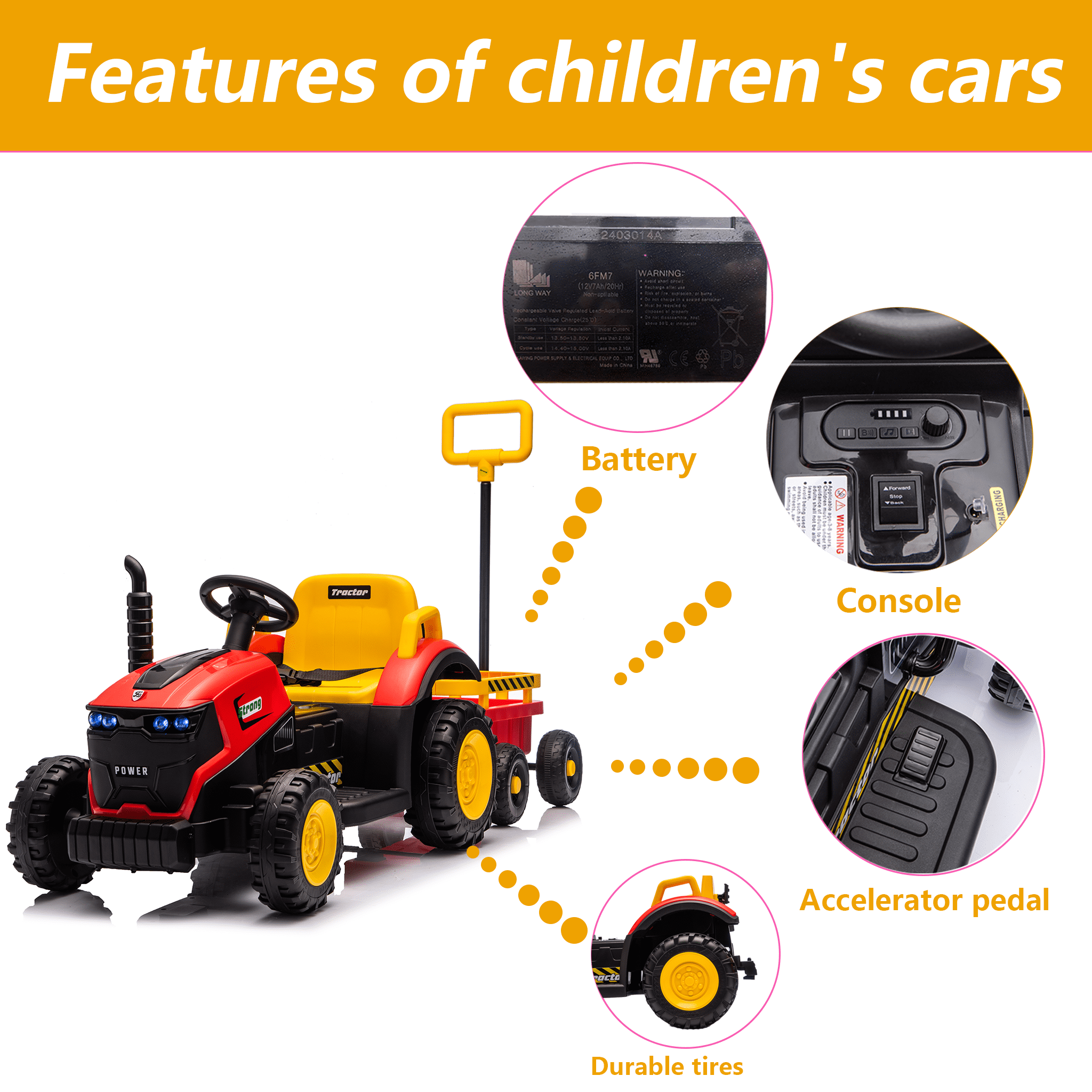 Juuar 12V 390W Kids Ride on Car for Boys Girls Ages 3 4 5 6 Years Old, Farm Tractor Ride on Toys with Trailer, Lights & Music, 5 MPH Fun Electric ATV with Remote Control for Birthday Gifts, Red