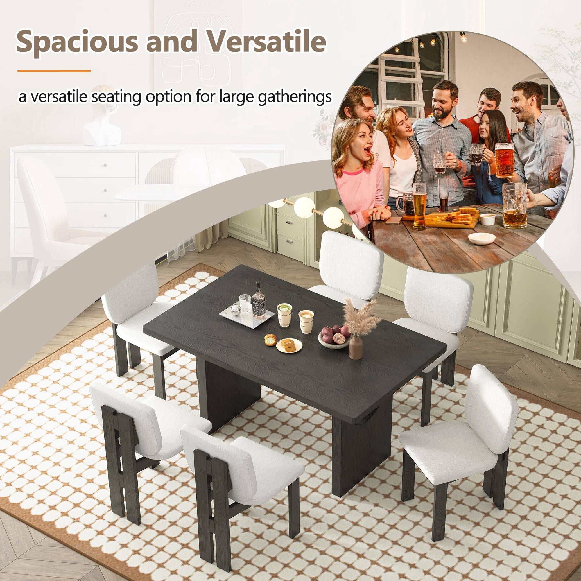 7-Piece Dining Table Set for 6, 60" Rectangular Dining Table with 6 Upholstered Chairs