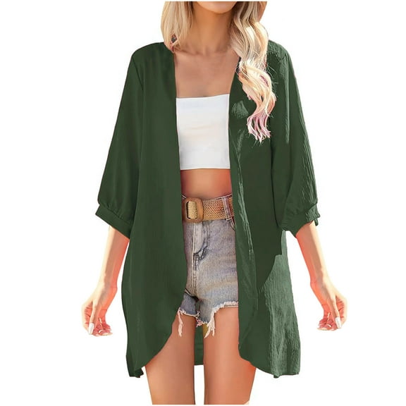 Plus Size Shacket Jacket for Women 3/4 Sleeve Plus Size Cardigan Button Down Knee Lenght Blouse Loose Anti-Wrinkle Casual Lightweight Cover Up Long Shirt Army Green L