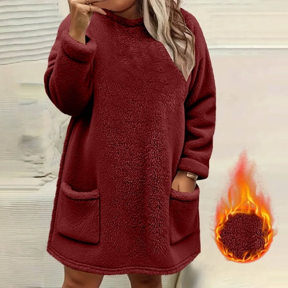 Mevxay Fuzzy Pullover for Women Plus Size Cozy Fleece Sweatshirts Fluffy Sherpa Crewneck Thicken Swaetshirt Casual Long Sleeve Tops with Pocket Red 3XL