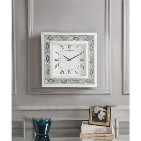 Benzara Bm185417 Wood Mirror Square Og Wall Clock White 19 69 X 1 97 In Contemporary Tall Rectangular Wall Mirror With Stainless Steel Frame Round Dial Clock Insert And Abstract Design Glass Tiles
