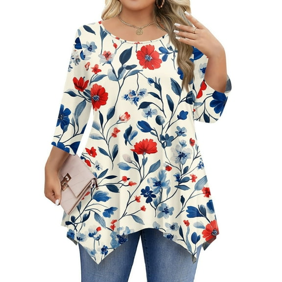 WTOBBY Women's Plus Size Floral Print Round Neck 3/4 Sleeve Tunic Top Loose Fit Casual Tee for Full Figure Fall Fashion Comfortable Wear,Blue L