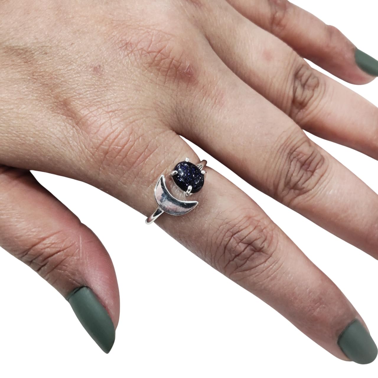 Natural Blue Sunstone Ring, Blue Fire Sunstone Gemstone Ring, Genuine Birthstone, Crescent Moon Adjustable Ring, Toe Ring, 925 Sterling Silver, Womens Ring, Christmas, Handmade Statement Jewelry
