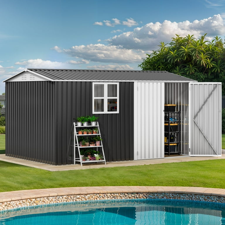 ModFusion 8x12 ft Steel Shed, Lockable 2 Doors, Large Window