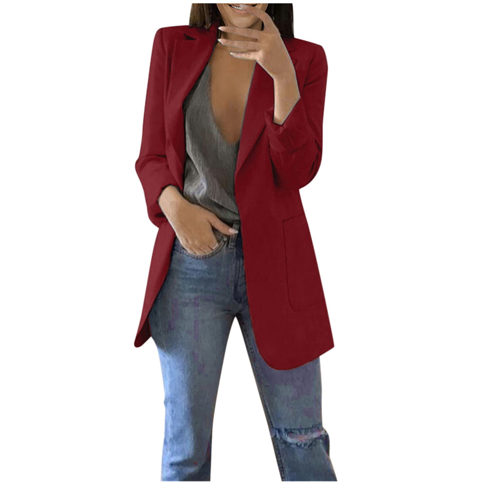 FLYCEHN Women Open Blazer Front Pocket Long Sleeve Work Office Cardigan Jacket