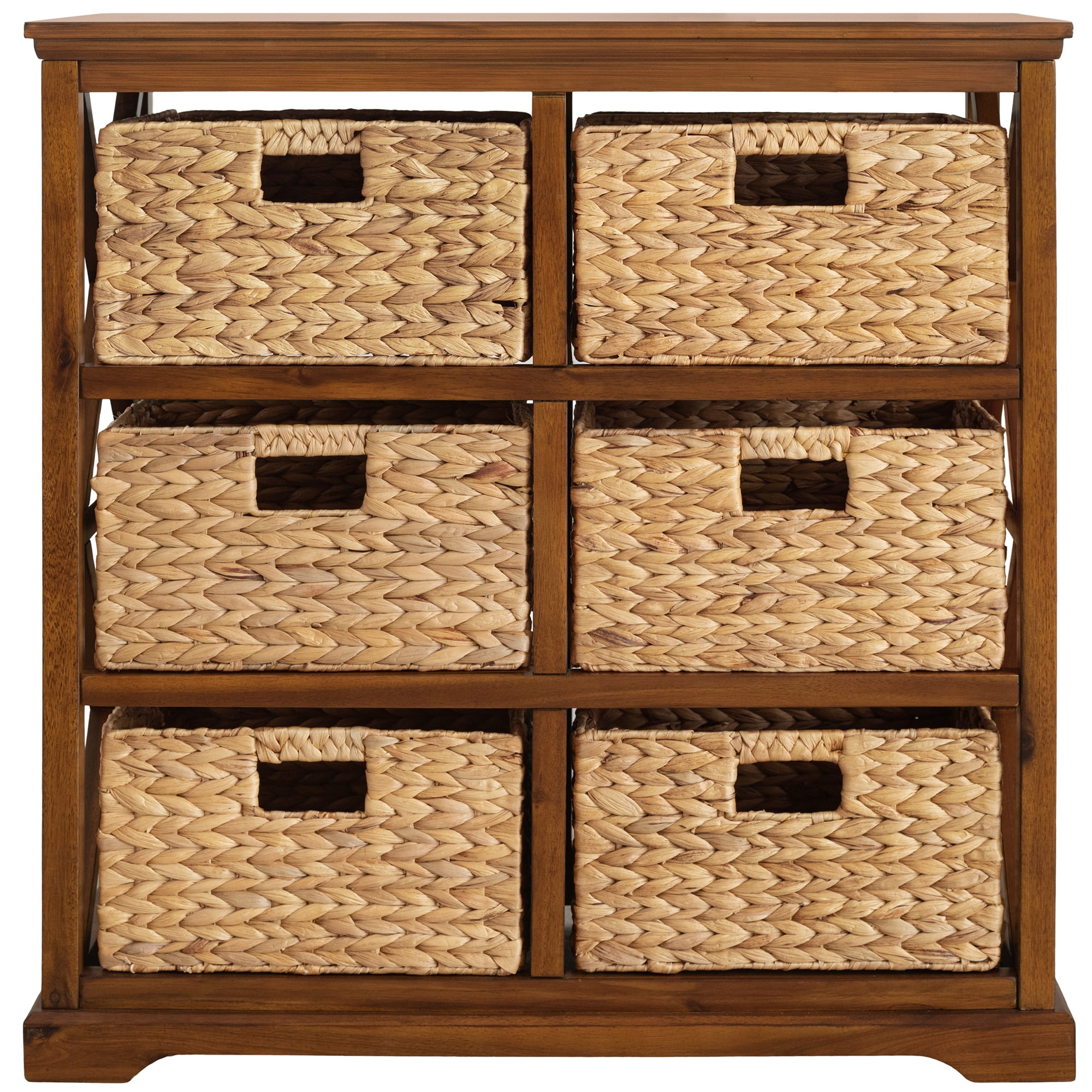 Hampton Meadows 3 Tier X-Side End Storage Cabinet with 6 Wicker Baskets, Walnut