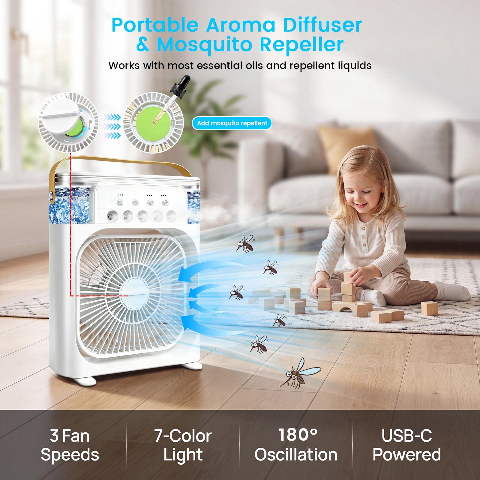 HEEYCEM 10 Inch Ice Mist Desktop Fan, Humidifying Cooling Fan Compatible with Essential Oil, Mosquito Repellent Liquid and Ice Cubes, 3 Speed Adjustable, 180° Adjustable Angle, Detachable Easy Clean