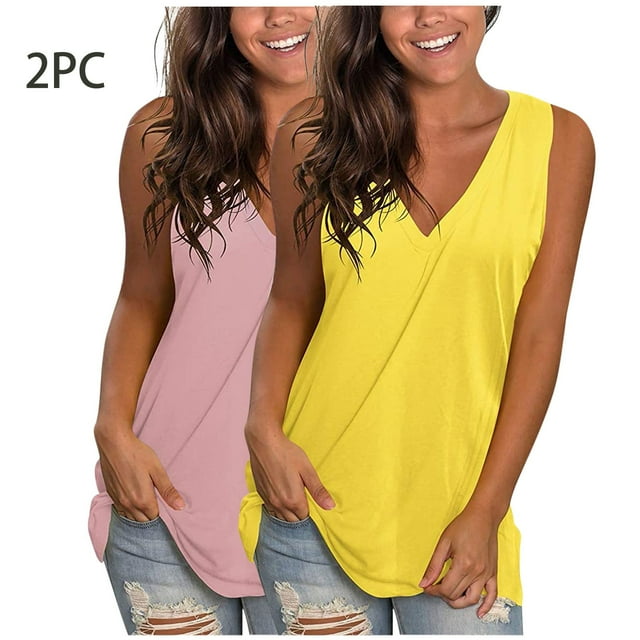 Tank Tops for Women 2PC Sleeveless Round Neck Casual Solid Color Loose Blouses Yellow S