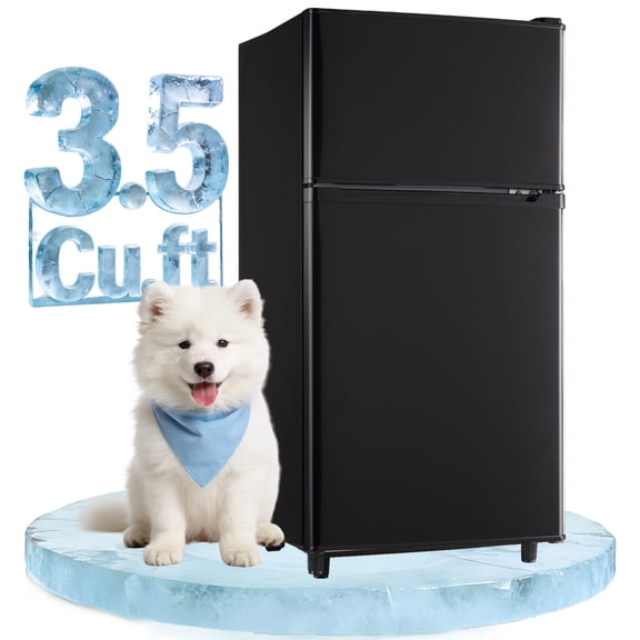 JIEJIA 3.5 Cu.ft Mini Fridge with Freezer, Double Door Compact Refrigerator, 7-Temp Adjustable, Removable Glass Shelves for Kitchen, Dorm, Office, Apartment, Black