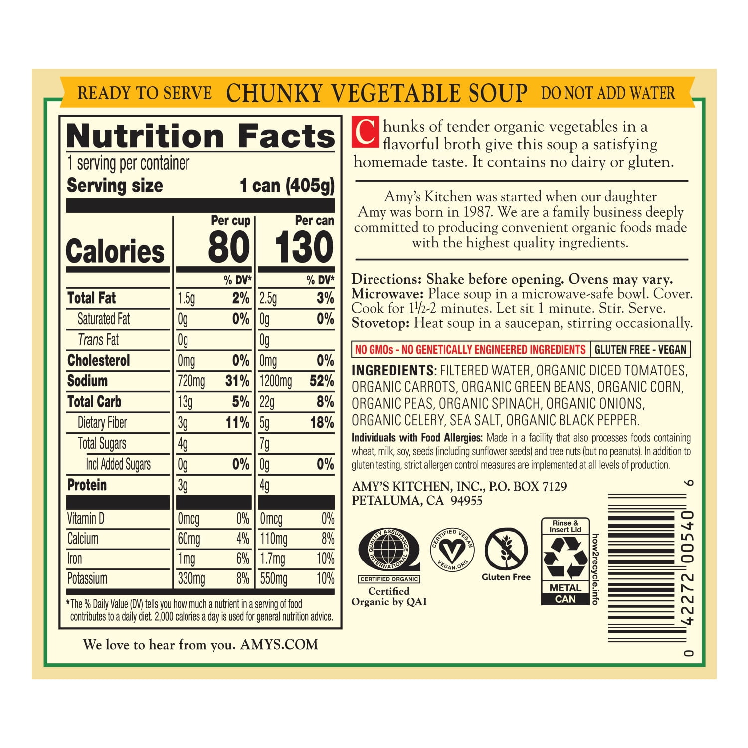(4 pack) Amy’s Soup, Organic Chunky Vegetable Soup, Gluten Free, Made With Organic Vegetables, Canned Soup, 14.3 Oz