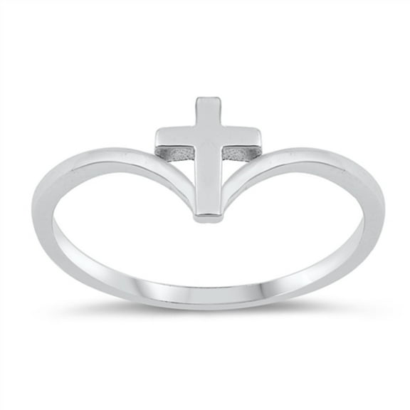 Rhodium Plated Sterling Silver Pointed Cross Ring Size 5