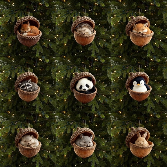 Miniature Acorn Ornaments Set Of 9, Sleeping Animal Inside Acorn Ornaments, Handpainted Resin Forest Animal Christmas Tree Decorations for Xmas, Holiday Home Decor, Unique Gift