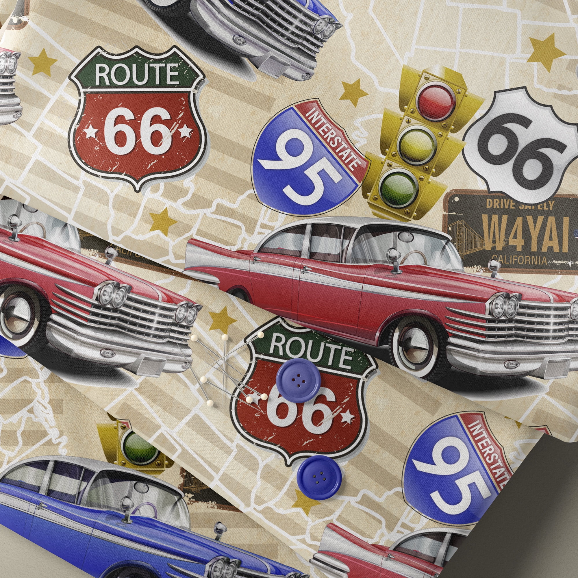 (2 pack) 1 Yard 100% Cotton Route 66, Multi-color, 44" Wide for Quilting & Sewing by David Textiles