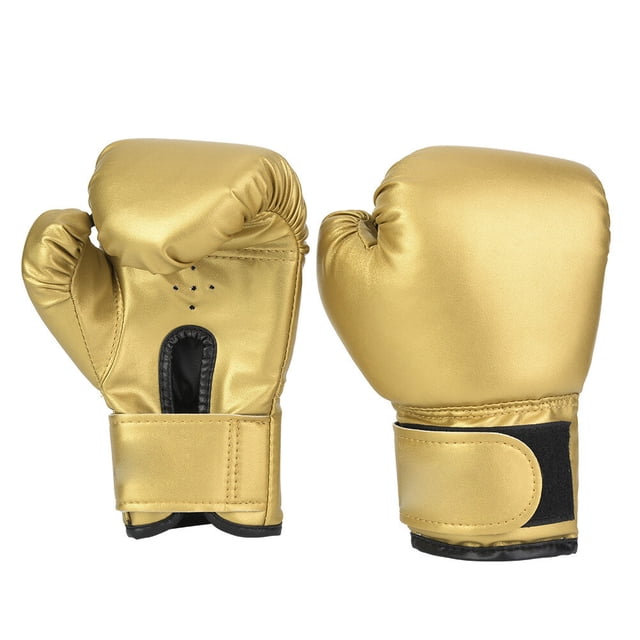 Un par de guantes de boxeo de cuero sintético para niños, con saco de arena, para entrenamiento de boxeo y sparring (dorados)
