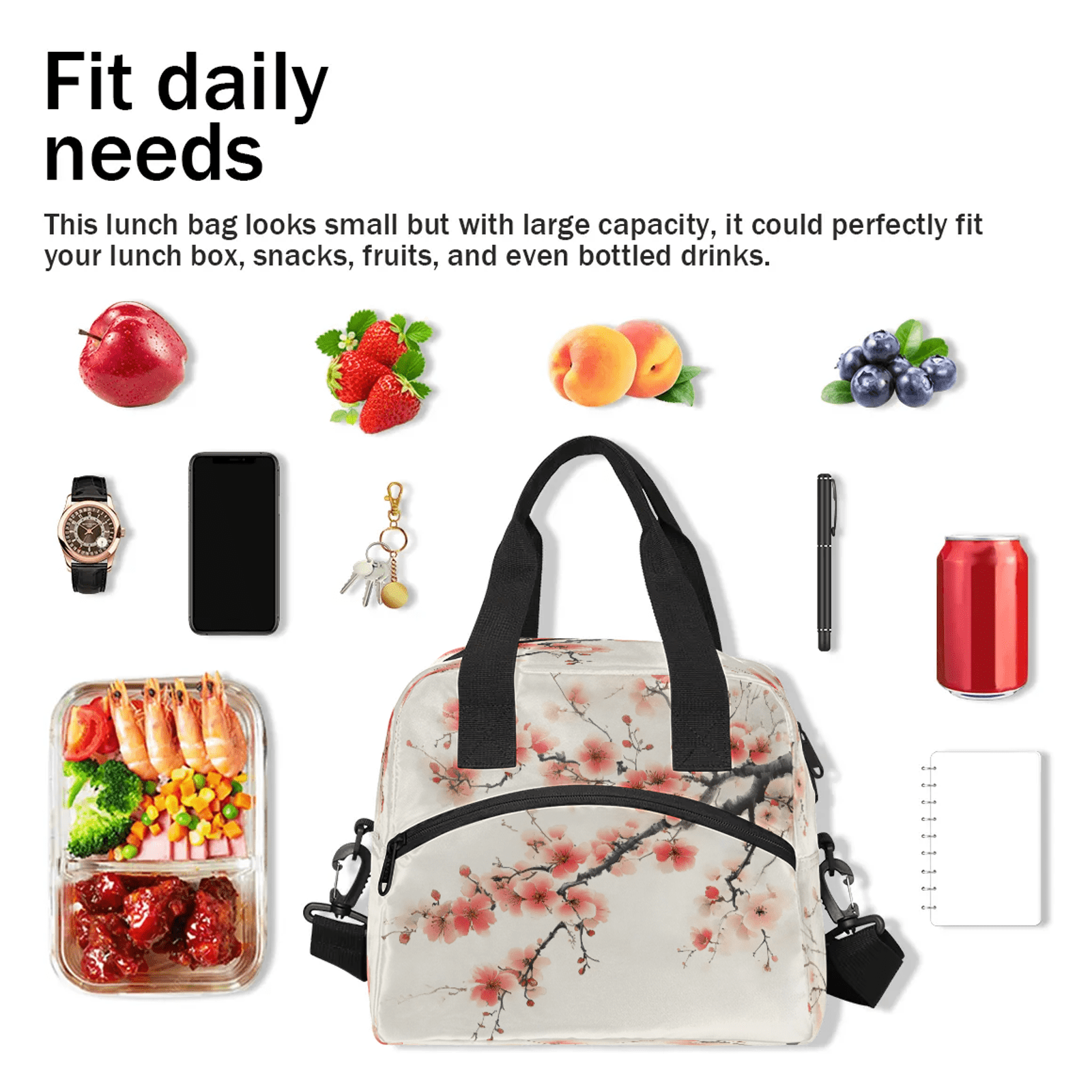 Herdesigns Floral Lunch Bag for Women Men Adult, Vintage Flower Large Insulated Reusable Lunch Box Leakproof Portable Cooler Tote Bags for Work Picnic Beach