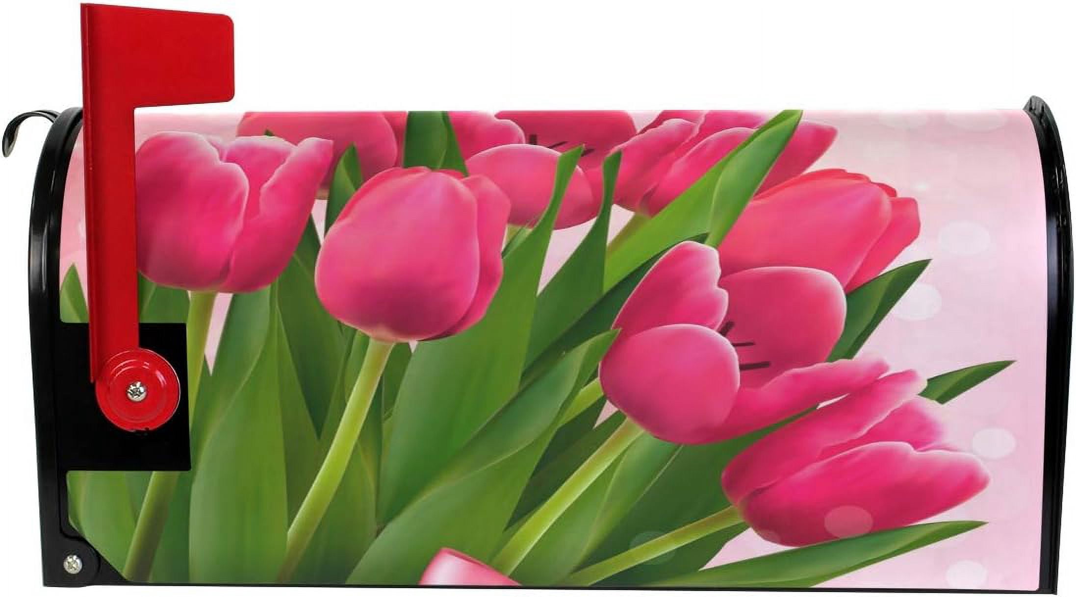 Mother''s Day Magnetic Mailbox Cover Pink Tulips Mailbox Wrap Home Decorative for Standard Mailboxes