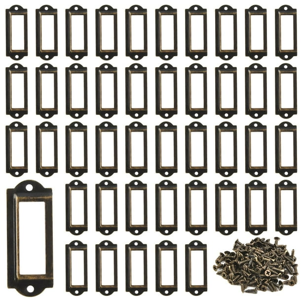 QLOUNI 50Pcs Antique Door Label Fram, Antique Brass Metal File Label, Metal Label