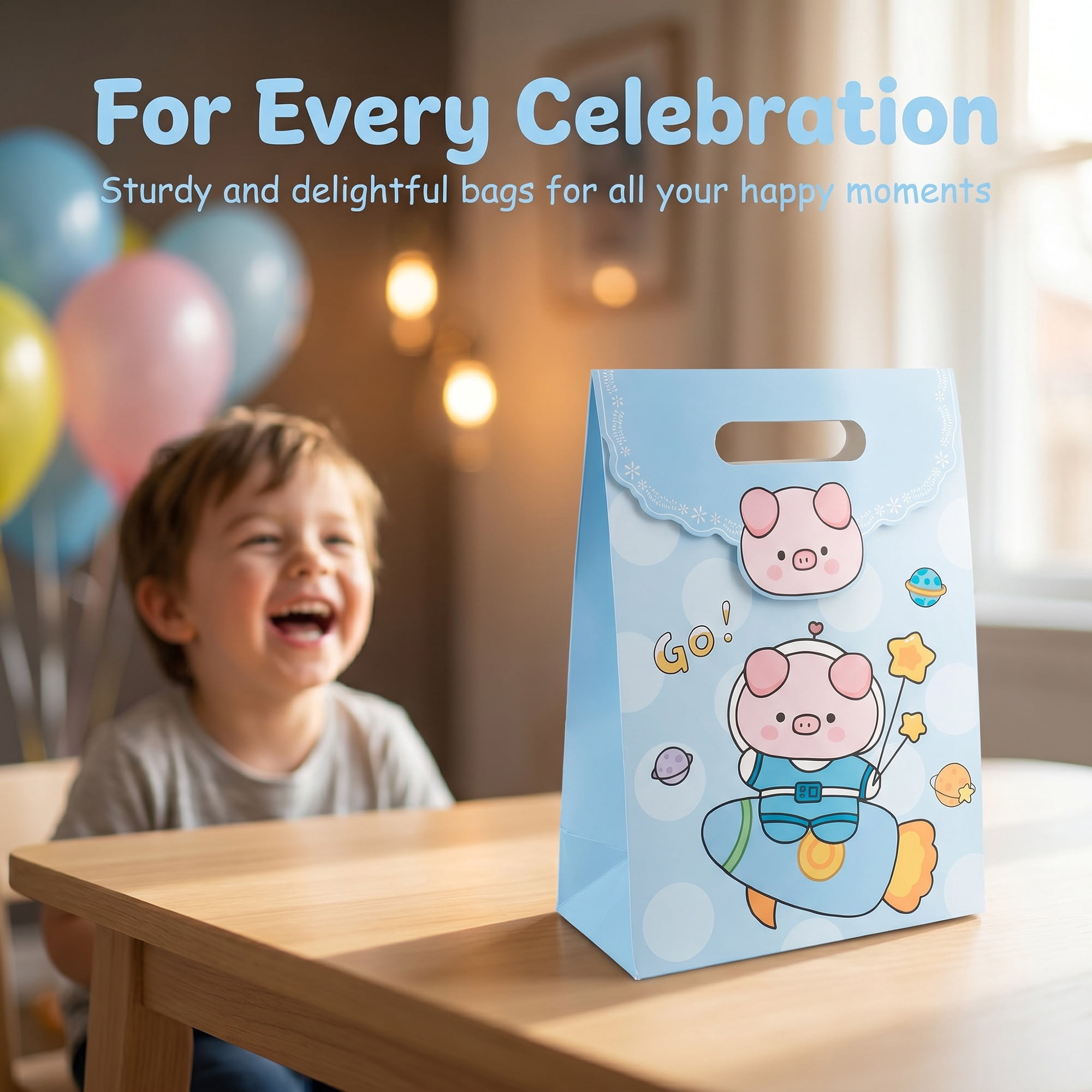 Unique Bargains Stylish Gift Bags with Comfortable Handles Blue Pig 7.5" x 3.5" x 10.6"