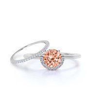 Fairy Minimalist 1.75 Carat Round Cut Morganite And Diamond Moissanite Engagement Ring Wedding Ring, One Matching Band in 10k Solid White Gold Shank, Gift For Her, Anniversary Ring, Bridal Set