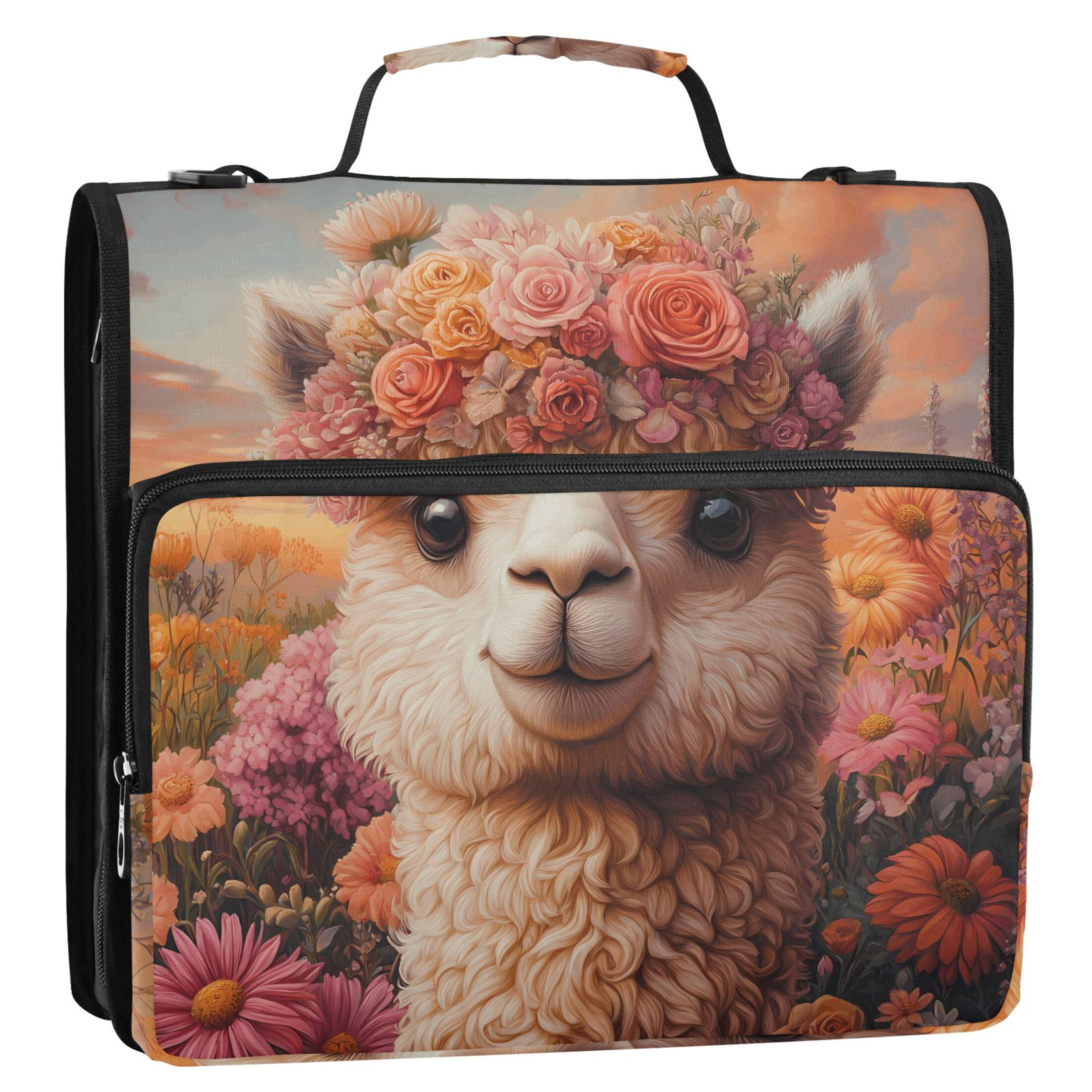 3 Ring Zipper Binder with Shoulder Strap Waterproof Trapper Keeper 2 Inch D-Ring 500 Sheets Capacity Alpaca in Flowers Sea