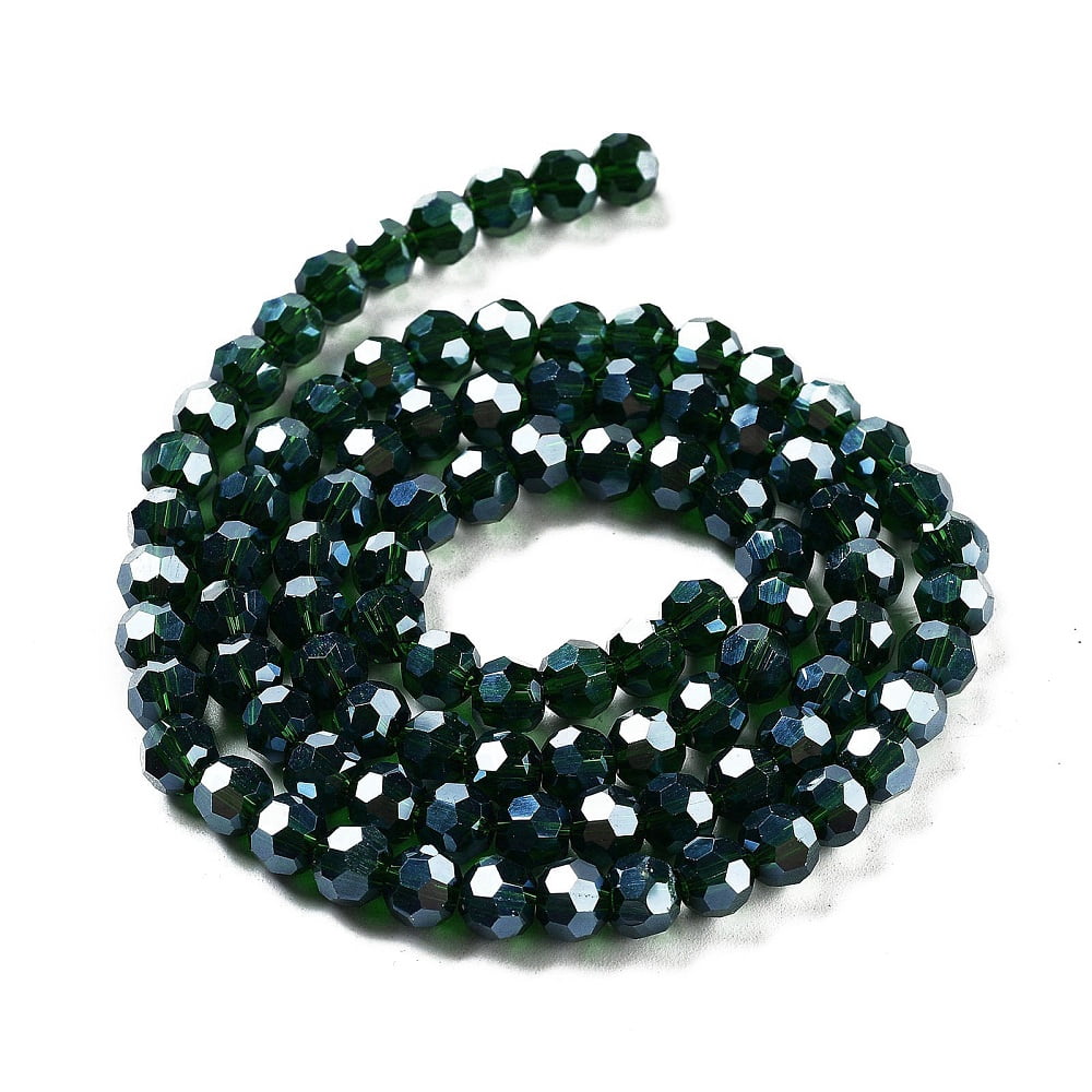 Electroplate Transparent Glass Beads Strands Faceted(32 Facets) Round Pearl Luster Plated Dark Green 6mm Hole: 1mm about 98~100pcs/strand 20.39~20.59 inch(51.8~52.3cm)