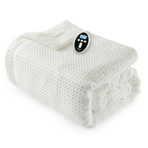 Fast Heating King Size Electric Blanket - Waffle Weave, Dual-Sided Sherpa, 6 Heat Levels, 1-10H Timer, Machine Washable, Wireless LCD Controller, ETL Certified, White, 90x100 Inches