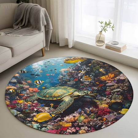Area Rug 48in Sea Turtle Fish Coral Floor Carpet Living Room Rug Watercolor Underwater World Non-Slip Welcome Mat Indoor Rugs for Bedroom Dining Room