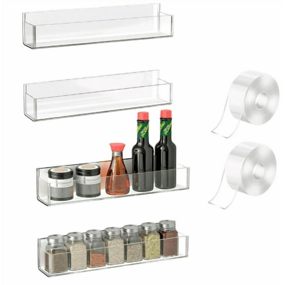 4 Pcs Clear Acrylic Spice Rack Wall Mount, Hanging Adhesive Spice Organizer for Kitchen Pantry, Storage Shelves, Space Saving Design