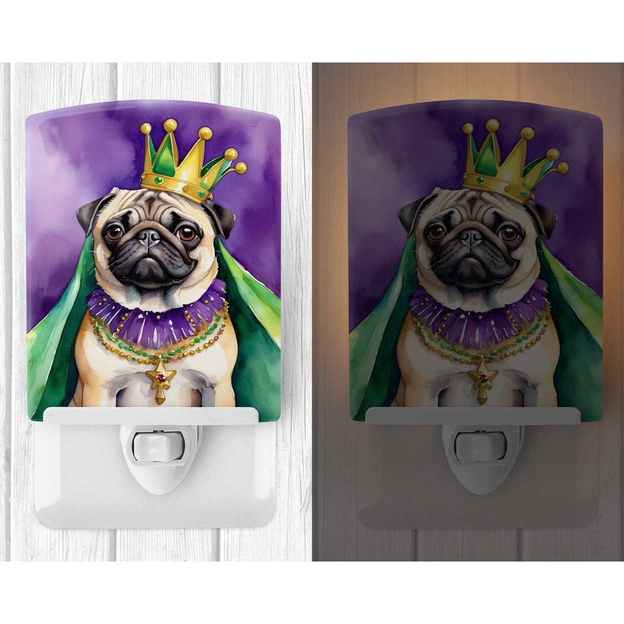 Pug King of Mardi Gras Ceramic Night Light 4 in x 6 in