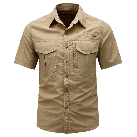 QSAWXQZ Men's Cargo Shirt Button Down Top Quick Dry Breathable Short Sleeve Lapel Collar Solid Tactical Summer Shirt with Pockets for Hiking and Outdoor Khaki M