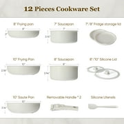 MCQ Cookware Set, 12-Piece Nonstick Pot and Pan Set with Detachable Handles, Induction Compatible & Oven Safe, Beige