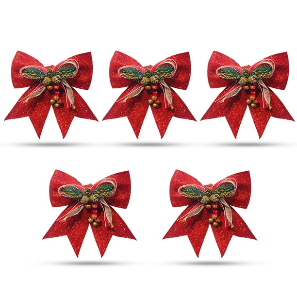 Navidad Bowknot Adorno de brillo Lentejuelas brillantes Conos Hojas Corbata Arte Decoración de fiesta Decoración de puerta al aire libre Rojo 5 piezas Kearding HA009474-01
