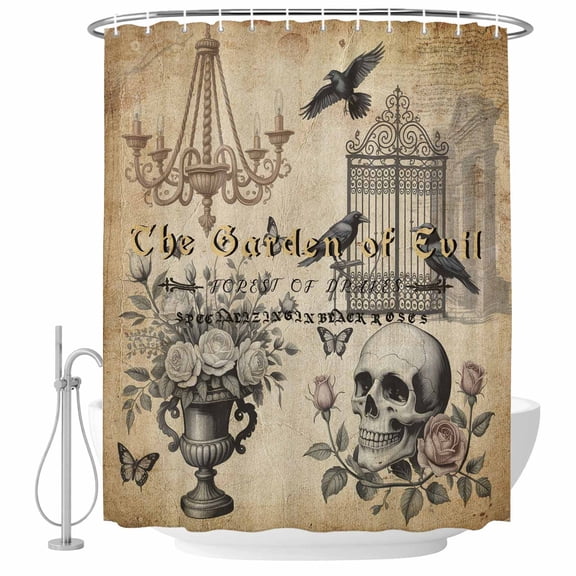 Halloween Shower Curtain, Waterproof Shower Curtains for Bathroom, Vintage Skull Black Crows Flowers Butterfly Washable Fabric Bathtub Curtain Set Bath Decor with 12 Hooks Long 72"x84"