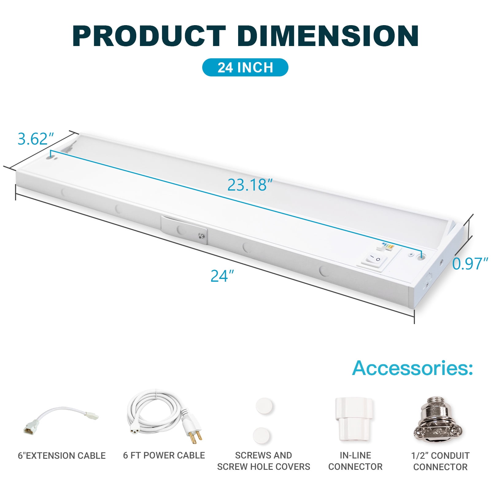 24 Inch LED Under Cabinet Lighting, 15W, 925LM, 5CCT 2700-5000K,CRI>90, 70 Degree Swivel Lens, Dimmable, 120V, Hardwired or Plug-in, Linkable Under Counter Lights For Kitchen Counters Closets