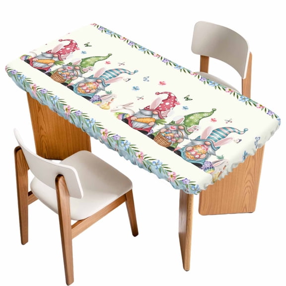Easter Table Cloths for 5 Foot Rectangle Tables, Spring Rabbit Ear Gnomes Eggs Floral Lattice Patio Waterproof Elastic Fitted Tablecloths, Washable Rectangular Table Cover for Camping
