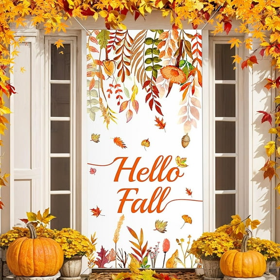 Hello Fall Door Cover Decorations Hello Autumn Door Banner Background Welcome Harvest Porch Door Sign Maple Leaves Front Door Cover for Thanksgiving Indoor Outdoor Decor Party Supplies