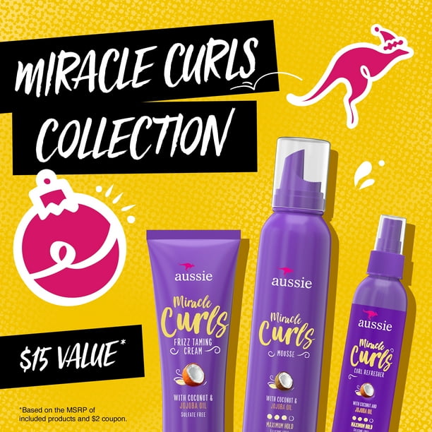 ($15 VALUE) Aussie Miracle Curls Collection with Curl Refresher Spray Gel, Frizz Taming Curl Cream & Miracle Curls Mousse, 18.5 Fl Oz