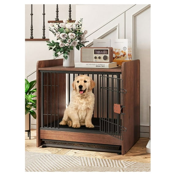 Dog Crate Indoor Dog Cage with Removable Tray & Lockable Door, Rustic Brown - Metal & Wood End Table Kennel for Small & Medium Dogs, 24.5"x19.5"x24", 110lbs Capacity