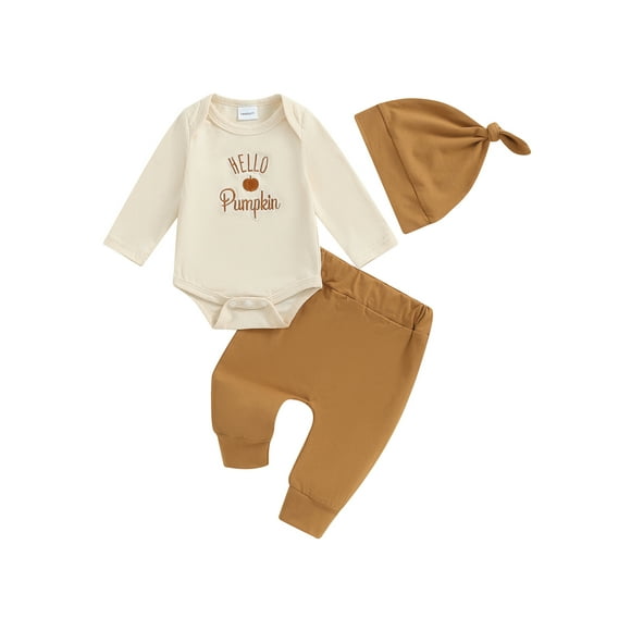 Gupgi Baby Boys Autumn Outfit Newborn Long Sleeve Embroidery Pumpkin Romper Khaki Elastic Waist Pants Hat