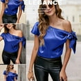 thumbnail image 4 of VIDUSSA Women's Off Shoulder Silk Satin Tops Short Sleeve Bow Tie Casual Dressy Blouse Shirts Blue S, 4 of 5