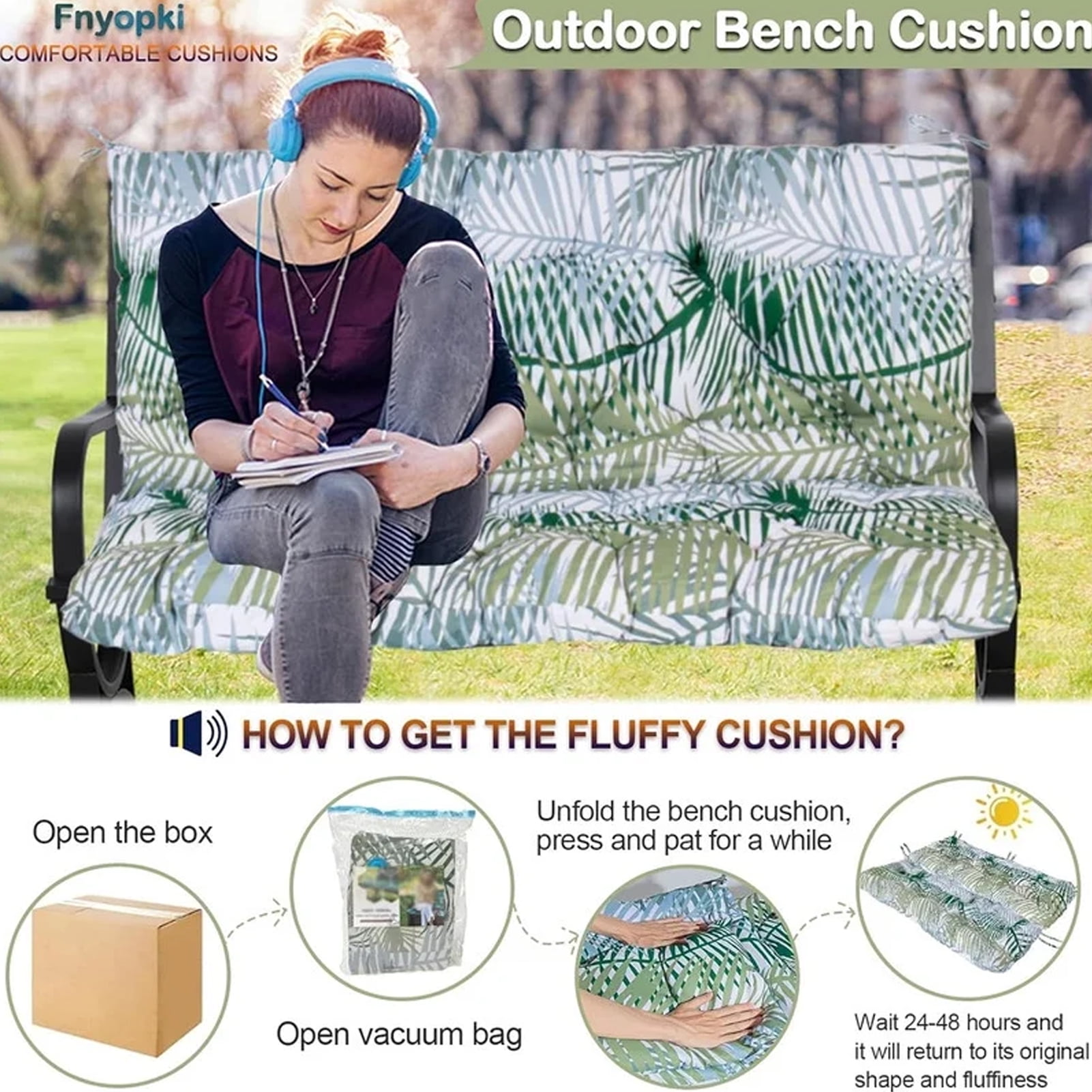 Replacement Cushions for Swing, Waterproof Porch Swing Cushion, 2-3 Seat Outdoor Bench Cushion with Backrest for Patio Furniture Garden Porch Loveseat Glider Pad (Bamboo Leaves 47*40in)
