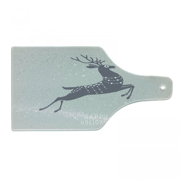 Christmas Cutting Board, Happy Holiday Message Written on a Deer Silhouette Snowy Winter, Decorative Tempered Glass Cutting and Serving Board, in 3 Sizes, by Ambesonne