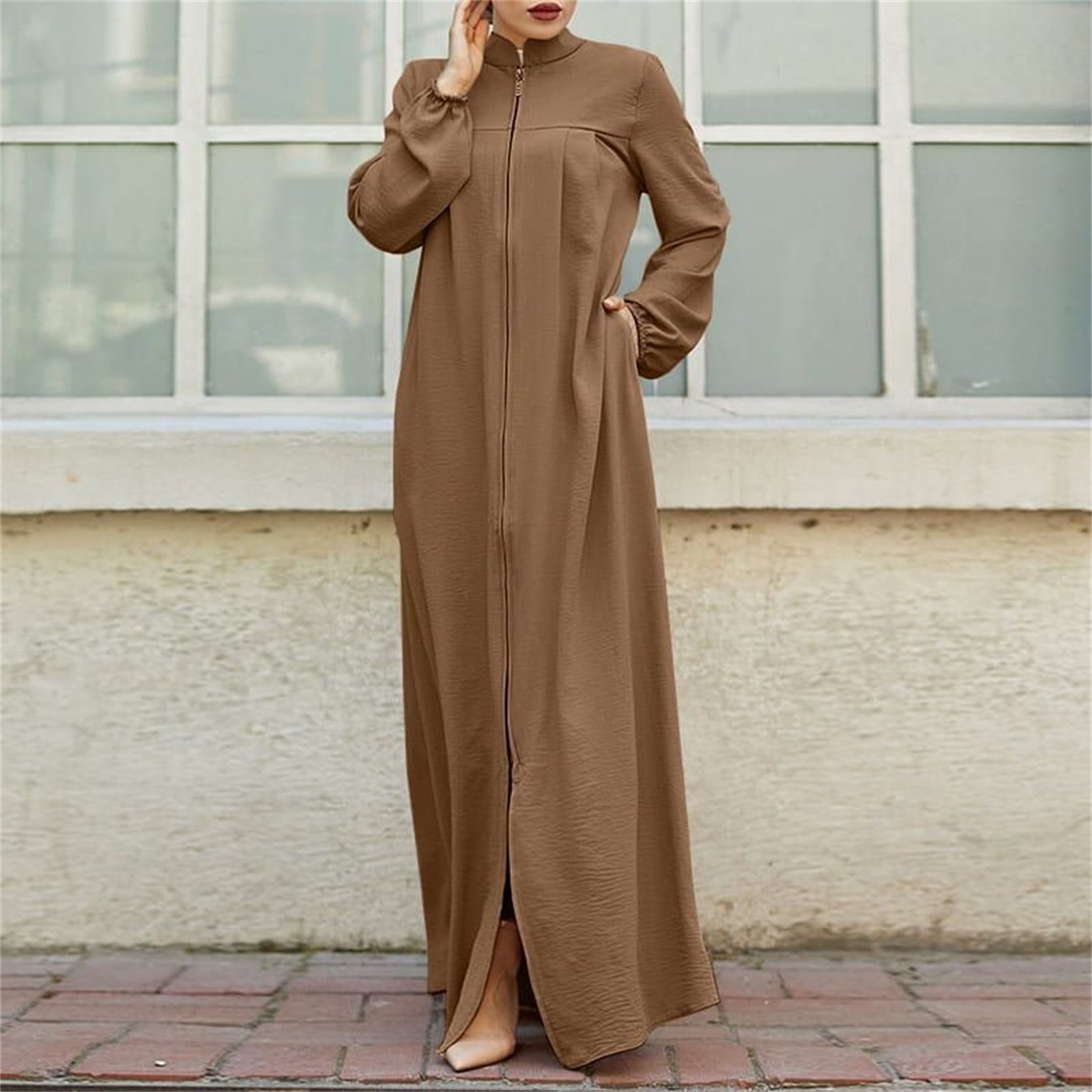 Womens Abaya Muslim Long Sleeve Front Zipper Dress Prayer Islamic Clothes with Pockets