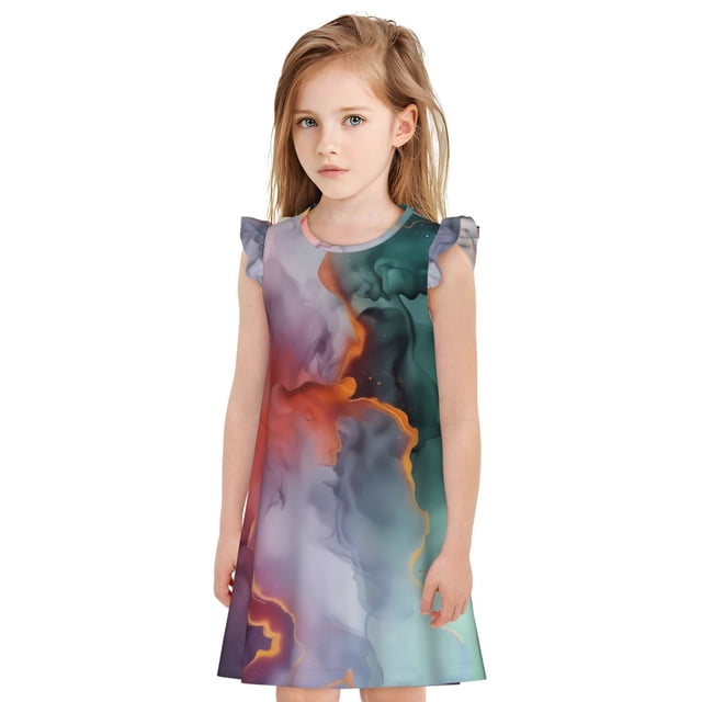 Fotbe Colorful Abstract Waves Vestido de Dormir para Niñas de 3 a 10 Años, Mangas Cortas, Estilo Princesa, Pijama Camisón con Mangas Voladas-Large